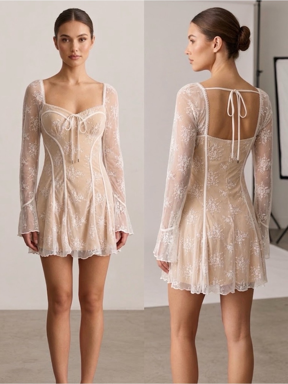 Sheer Lace Chemise Mini Dress in Nude